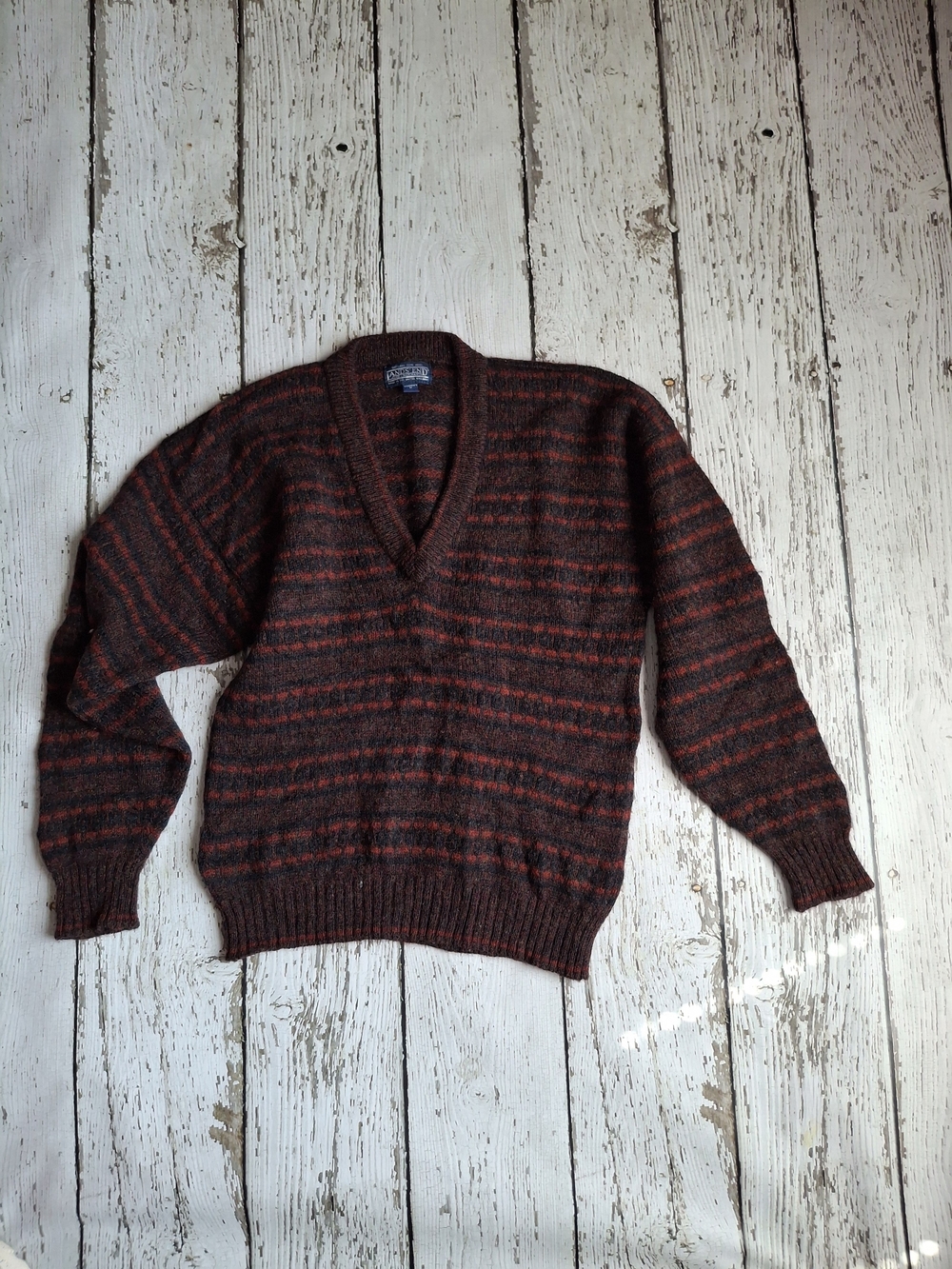 Lands End Women's V-Neck Striped Wool Sweater - Brown with Rust Accents